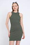  Halter Yaka Likralı Kaşkorse Mini Haki Elbise