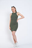  Halter Yaka Likralı Kaşkorse Mini Haki Elbise
