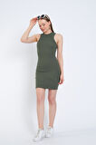  Halter Yaka Likralı Kaşkorse Mini Haki Elbise