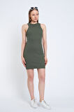  Halter Yaka Likralı Kaşkorse Mini Haki Elbise