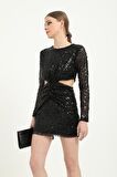 Siyah Cut Out Pul Payet Kadın Mini Elbise