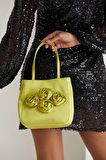 Lime Yeşili Gül Tasarımlı Saten El Çantası