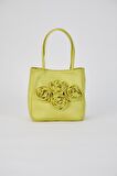 Lime Yeşili Gül Tasarımlı Saten El Çantası