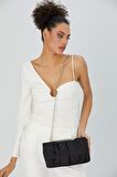 Siyah Zincir Askılı Pileli Saten Kadın Clutch