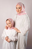 Pembe Dijital Baskılı Anne Kız Kombin Tesettür Eşarp Pamuk Polyester Kalp Desenli 6004_04