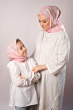 Pembe Dijital Baskılı Anne Kız Kombin Tesettür Eşarp Pamuk Polyester Kalp Desenli 6004_04