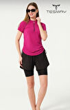 Tesmay 24156 Fuşya Kısa Kol Yarım Fermuarlı Hızlı Kuruyan Kumaş Şortlu Taytlı Yarı Kapalı Mayo