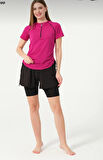 Tesmay 24156 Fuşya Kısa Kol Yarım Fermuarlı Hızlı Kuruyan Kumaş Şortlu Taytlı Yarı Kapalı Mayo