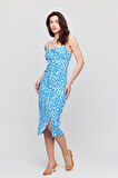 Kadın Mavi Çiçekli Kadın Yırtmaçlı Elbise