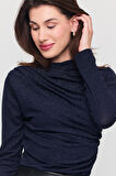 Kadın Büzgü Detaylı Uzun Kol Sandy Simli Lacivert Bluz