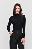 Kadın Büzgü Detaylı Uzun Kol Sandy Siyah Bluz