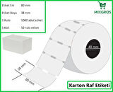 80x38 mm Karton Termal Raf Reyon Etiketi 1 Rulo: 1000 Adet Etiket 1 Koli: 50 Rulo Etiket