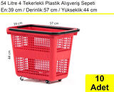 Tekerlekli Plastik Market Alışveriş El Sepeti 54 Litre Kırmızı 10 Adet