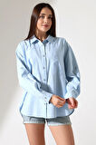 Oversize Kalıp Keten Kumaş Aplike Cepli Apoletli Kadın Gömlek