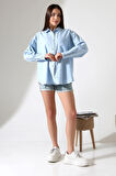 Oversize Kalıp Keten Kumaş Aplike Cepli Apoletli Kadın Gömlek
