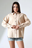 Oversize Kalıp Keten Kumaş Aplike Cepli Apoletli Kadın Gömlek