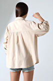 Oversize Kalıp Keten Kumaş Aplike Cepli Apoletli Kadın Gömlek