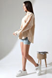Oversize Kalıp Keten Kumaş Aplike Cepli Apoletli Kadın Gömlek