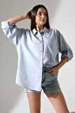 Oversize Kalıp Keten Kumaş Aplike Cepli Apoletli Kadın Gömlek