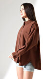 Oversize Kalıp Keten Kumaş Aplike Cepli Apoletli Kadın Gömlek
