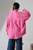 Poplin Kumaş Çift Cepli Oversize Koyu Pembe Kadın Tunik Gömlek