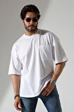 Oversize Bisiklet Yaka Cep Detaylı Salaş T-Shirt