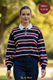 Kadın Triko Kazak Polo Yaka Çizgili Kısa Mevsimlik Kazak