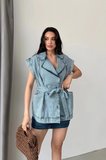 Zımba Detaylı Kuşaklı Denim Yelek