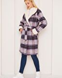 Kadın Kürklü Ekoseli Mor Beyaz Kaşe Kaban