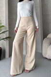 Kadın Ecru Yüksek Bel Geniş Kesim Pantolon