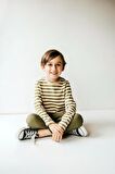 2'li Bisiklet Yaka Uzun Kollu Çizgili Ve Düz Unisex Çocuk Sweatshirt Haki Bej-Bej