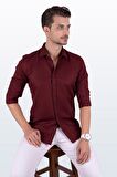 Koyu Bordo Baklava Desenli Slimfit Gömlek
