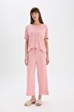 DeFacto Pijama Takımı Kısa Kollu Üst Esnek Belli Geniş Paça Altı-Fall in Love D8454AX25SPBR80