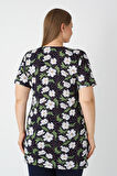 Haki Desenli Kısa Kollu Kadın Büyük Beden Pamuklu T-shirt