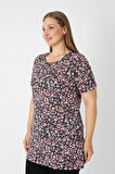 Haki Desenli Kısa Kollu Kadın Büyük Beden Pamuklu T-shirt