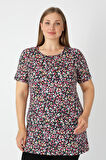 Haki Desenli Kısa Kollu Kadın Büyük Beden Pamuklu T-shirt