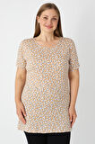 Haki Desenli Kısa Kollu Kadın Büyük Beden Pamuklu T-shirt