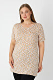 Haki Desenli Kısa Kollu Kadın Büyük Beden Pamuklu T-shirt