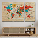 Harita Sepeti Ahşap Görünümlü Türkçe Dünya Haritası Dekoratif Kanvas Tablo 2070