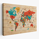 Harita Sepeti Ahşap Görünümlü Türkçe Dünya Haritası Dekoratif Kanvas Tablo 2070