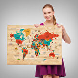 Harita Sepeti Ahşap Görünümlü Türkçe Dünya Haritası Dekoratif Kanvas Tablo 2070