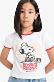 Kız Çocuk Snoopy Crop Bisiklet Yaka Kaşkorse Kısa Kollu Tişört