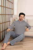 Erkek Ekose Desen 3 Düğmeli Bisiklet Yaka Bilek Manşetli Modal Mevsimlik Uzun Kol Cepli Pijama Takım