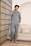 Erkek Ekose Desen 3 Düğmeli Bisiklet Yaka Bilek Manşetli Modal Mevsimlik Uzun Kol Cepli Pijama Takım