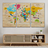Harita Sepeti Ahşap Görünümlü Türkçe Dünya Haritası Dekoratif Kanvas Tablo 2096