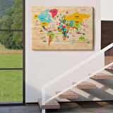 Harita Sepeti Ahşap Görünümlü Türkçe Dünya Haritası Dekoratif Kanvas Tablo 2096