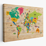Harita Sepeti Ahşap Görünümlü Türkçe Dünya Haritası Dekoratif Kanvas Tablo 2098