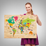 Harita Sepeti Ahşap Görünümlü Türkçe Dünya Haritası Dekoratif Kanvas Tablo 2098
