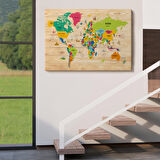 Harita Sepeti Ahşap Görünümlü Dünya Haritası Dekoratif Kanvas Tablo 2099