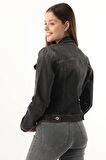 Kadın Cep Detaylı Slim Fit Jean Ceket Siyah